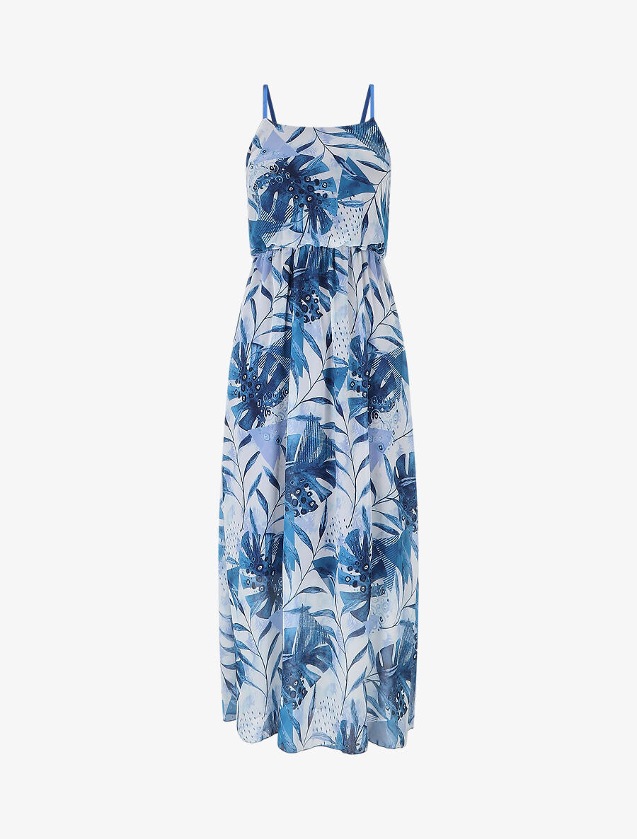 Robe longue imprimé végétal à fines bretelles - Bleu clair - 5