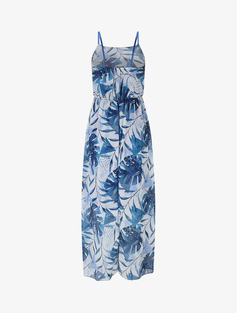 Robe longue imprimé végétal à fines bretelles - Bleu clair - 2