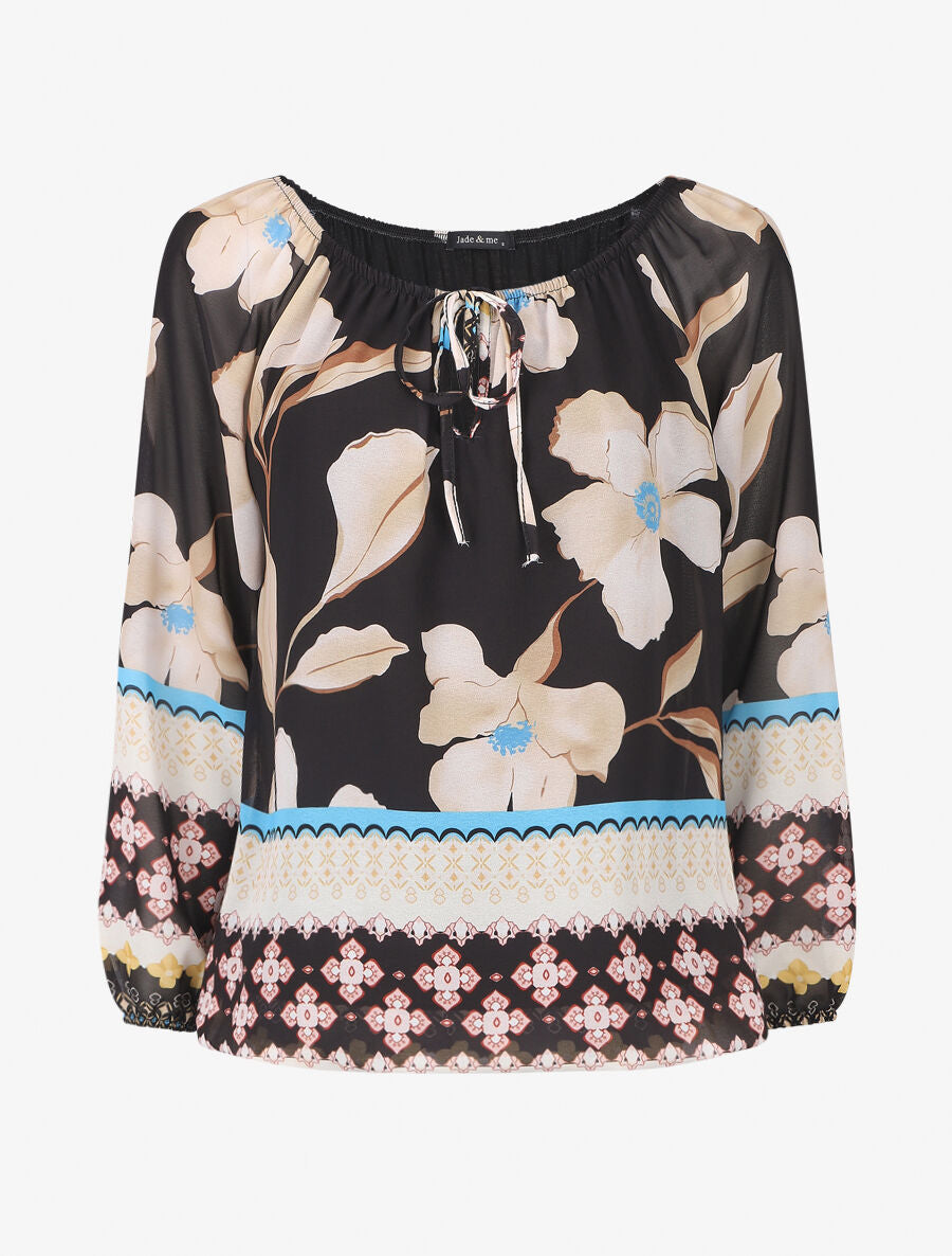 Blouse manches longues imprimé grandes fleurs - Noir - 1