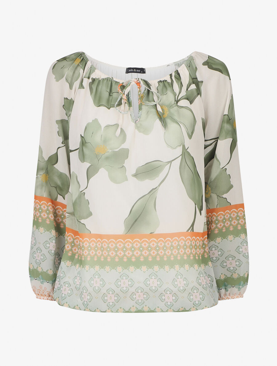 Blouse manches longues imprimé grandes fleurs - Blanc/vert - 1