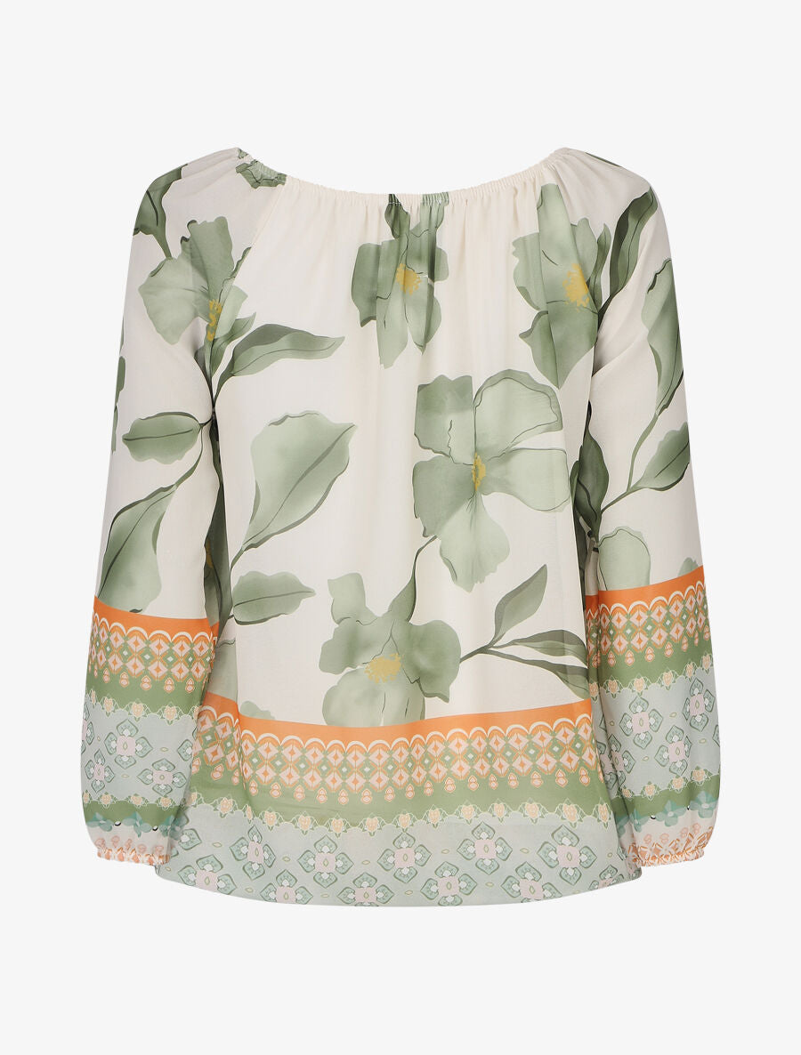 Blouse manches longues imprimé grandes fleurs - Blanc/vert - 2