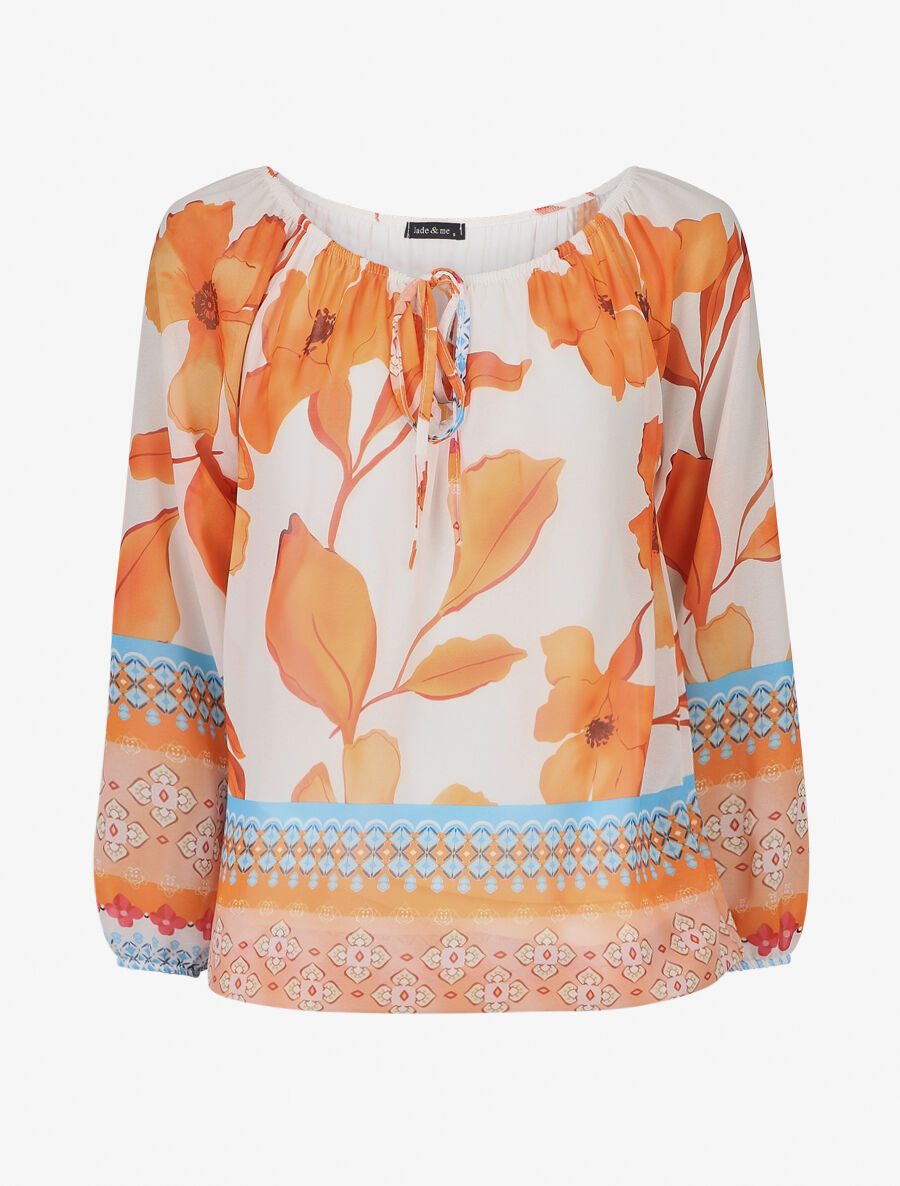 Blouse manches longues imprimé grandes fleurs - Blanc/orange - 1