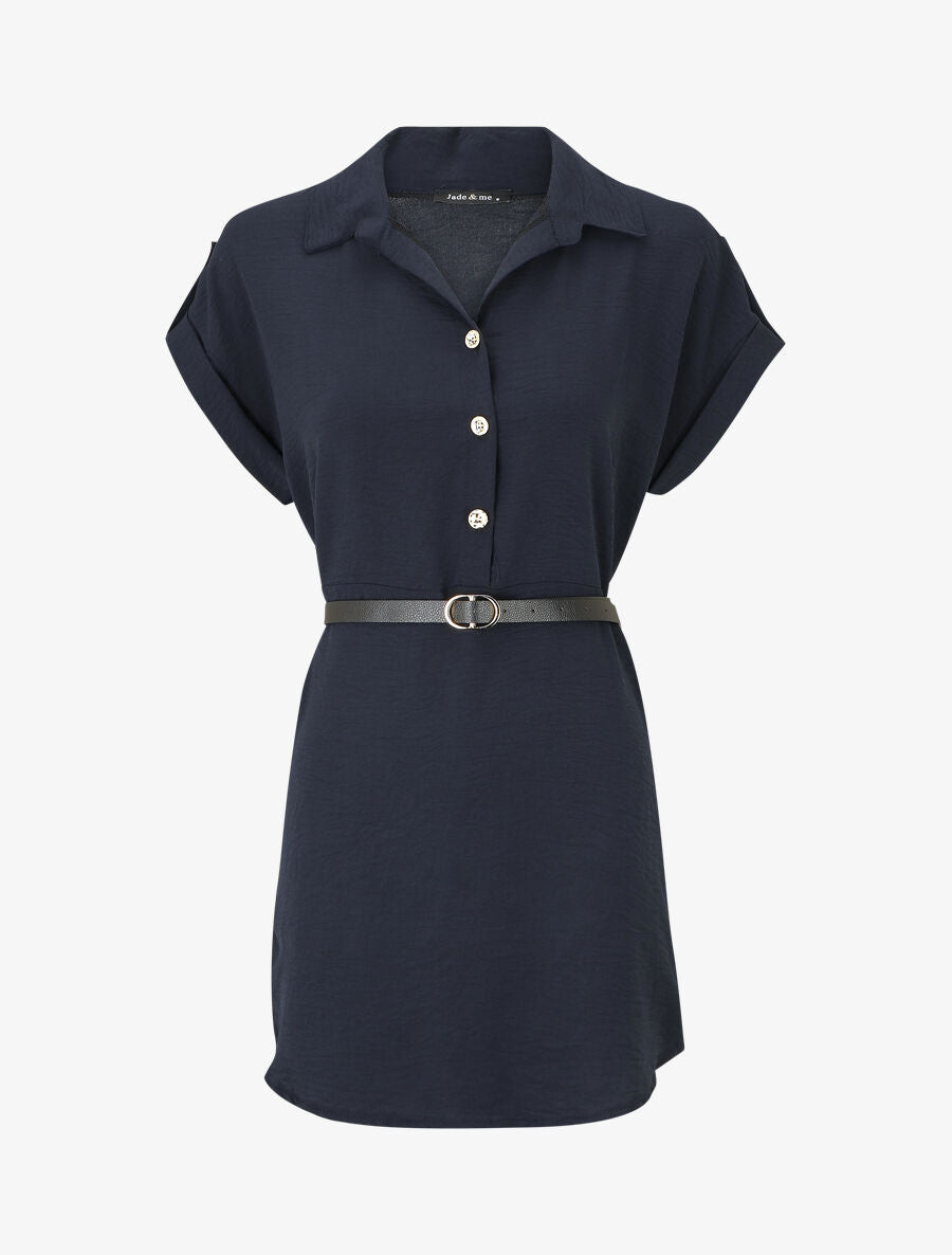 Robe courte unie style chemise - Marine - 1
