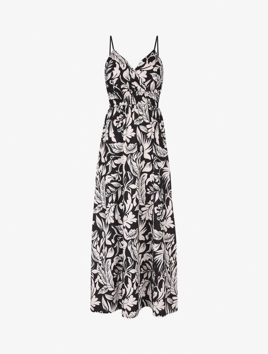 Robe longue à bretelles imprimé feuilles - Noir - 1