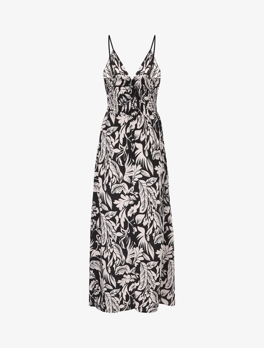 Robe longue à bretelles imprimé feuilles - Noir - 2