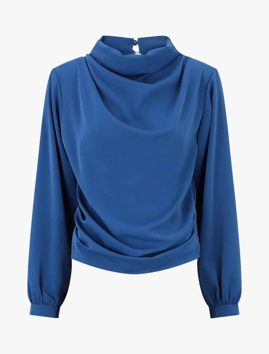 Blouse unie à col bénitier montant - Bleu roi - 1