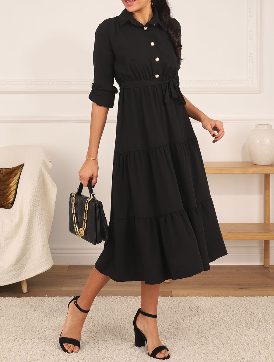 Robe longue à manches longues retroussables - Noir - 4