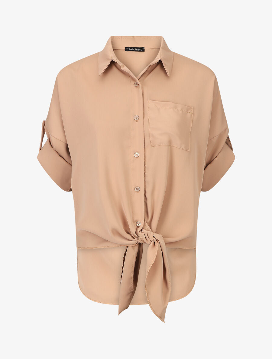 Blouse fluide à manches retroussables - Camel - 1