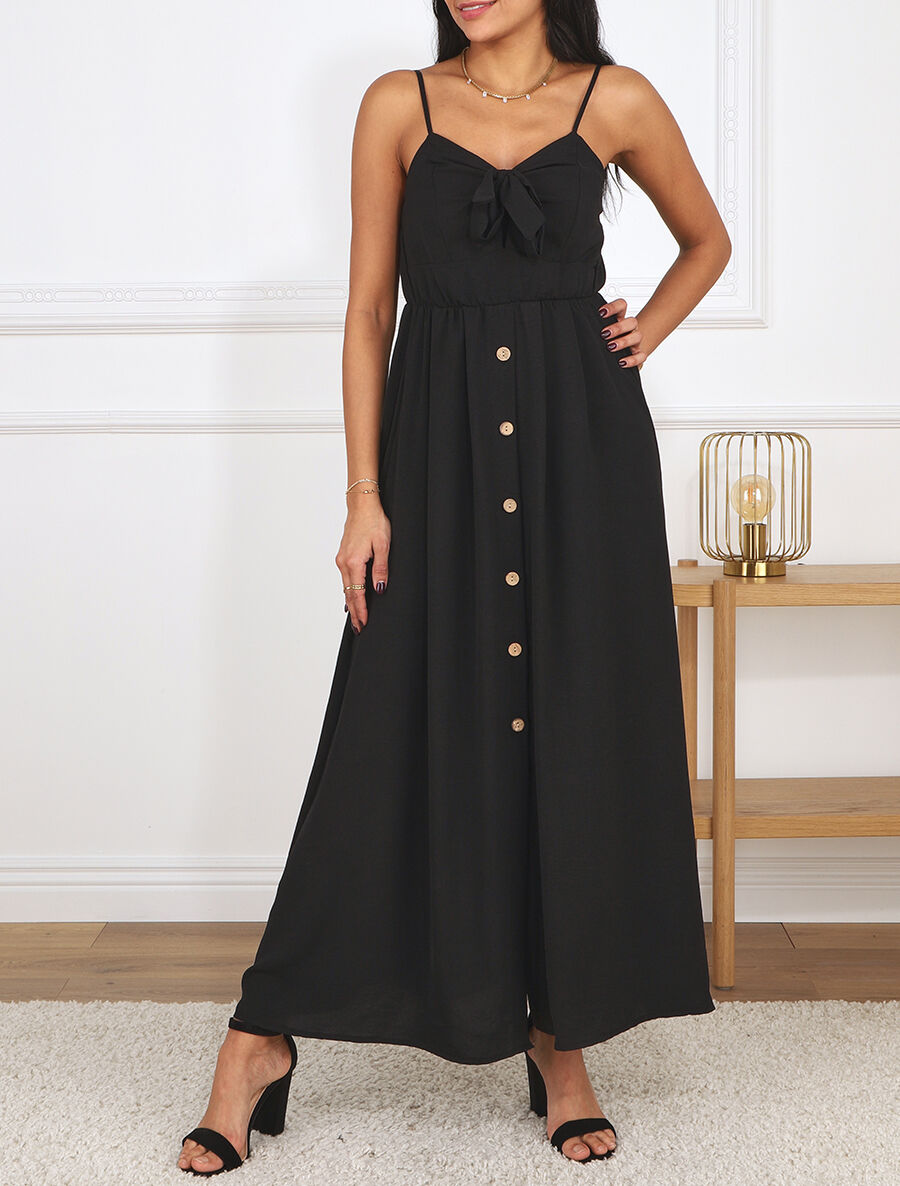 Robe longue unie boutonnée - Noir - 4