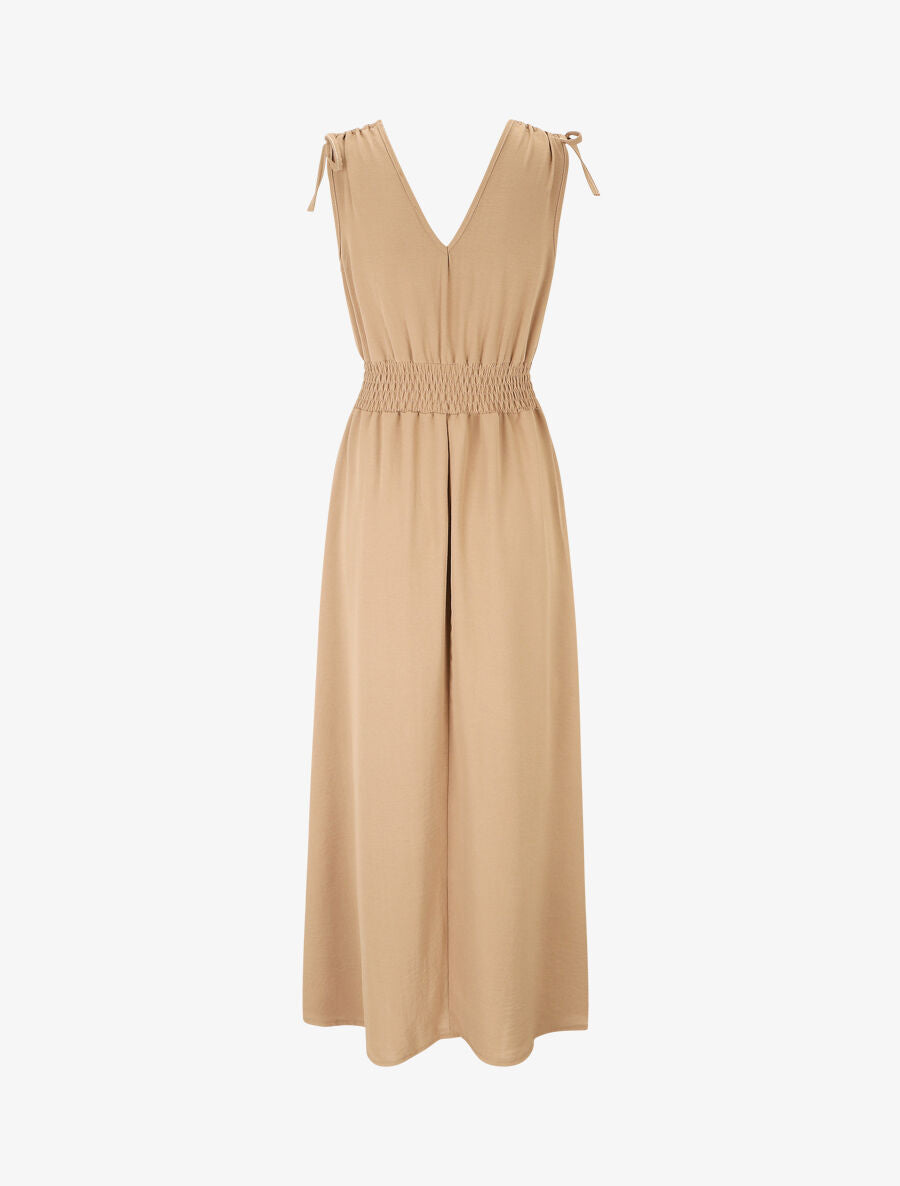 Robe longue coupe empire à taille élastiquée - Camel - 2
