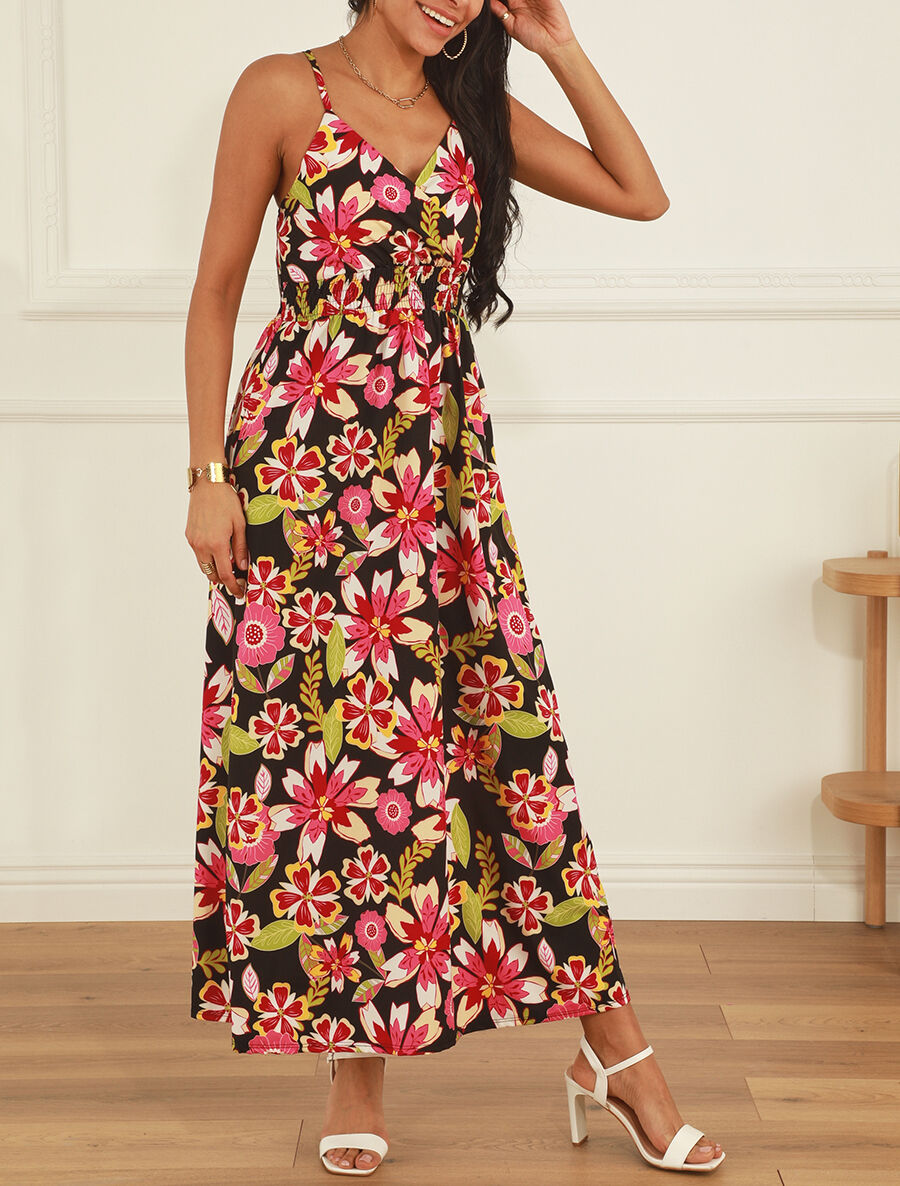 Robe longue imprimé fleurs des îles - Noir - 4