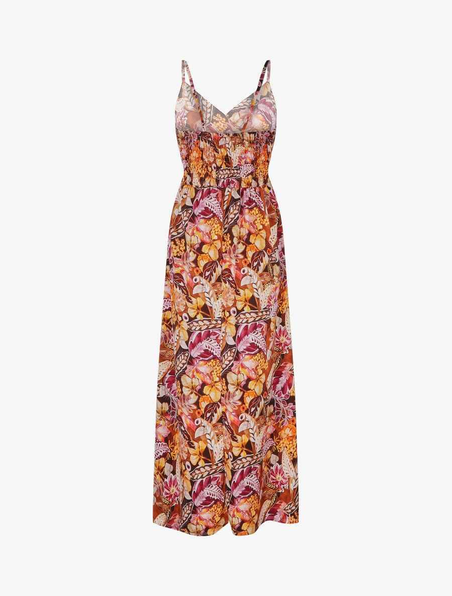 Robe longue imprimé fleuri à taille élastiquée - Orange - 2