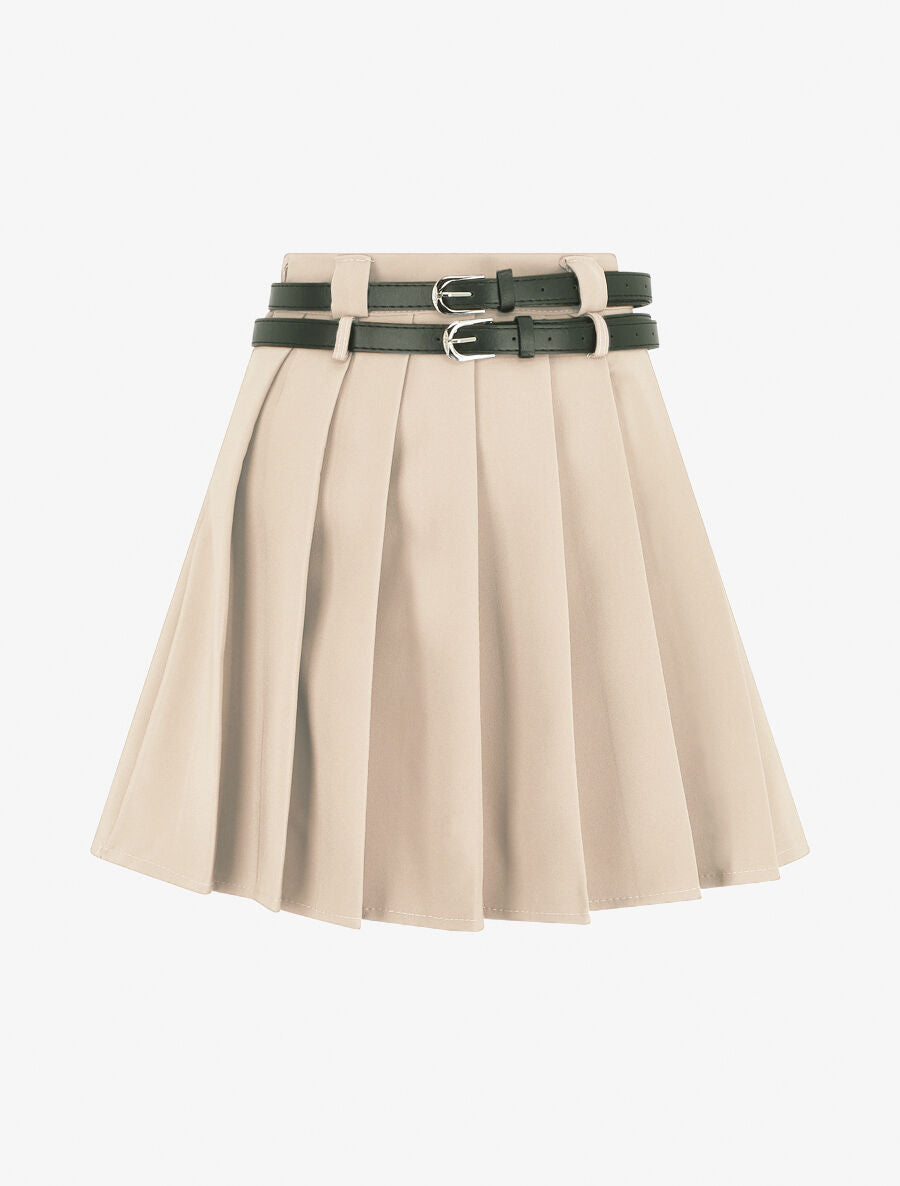 Jupe unie plissée et double passants - Beige - 1