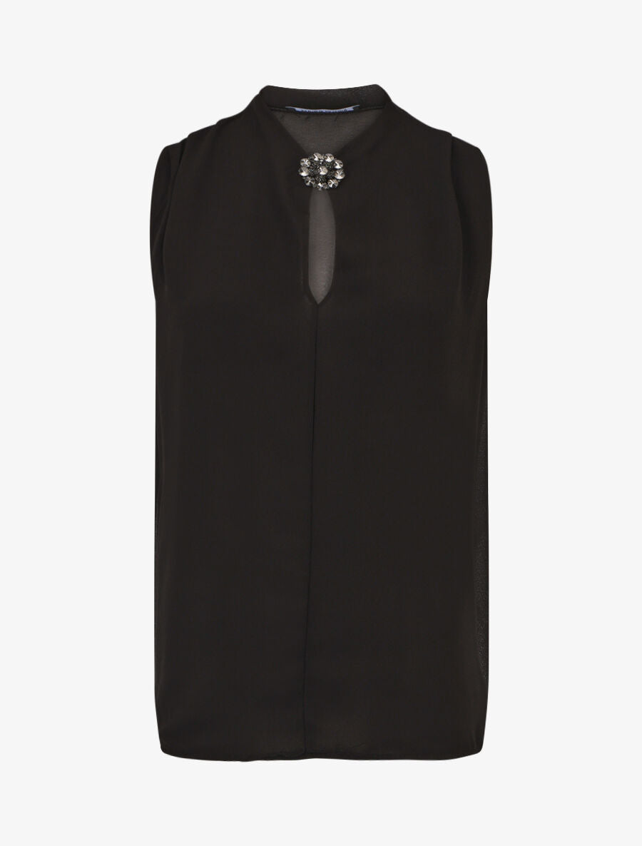 Blouse unie en voile à détail bijoux - Noir - 4