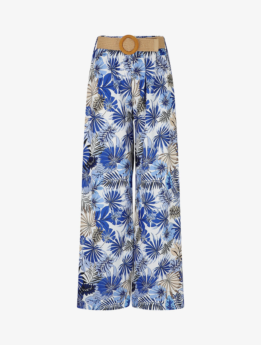 Pantalon ample élastiqué à imprimé feuillage - Bleu - 1