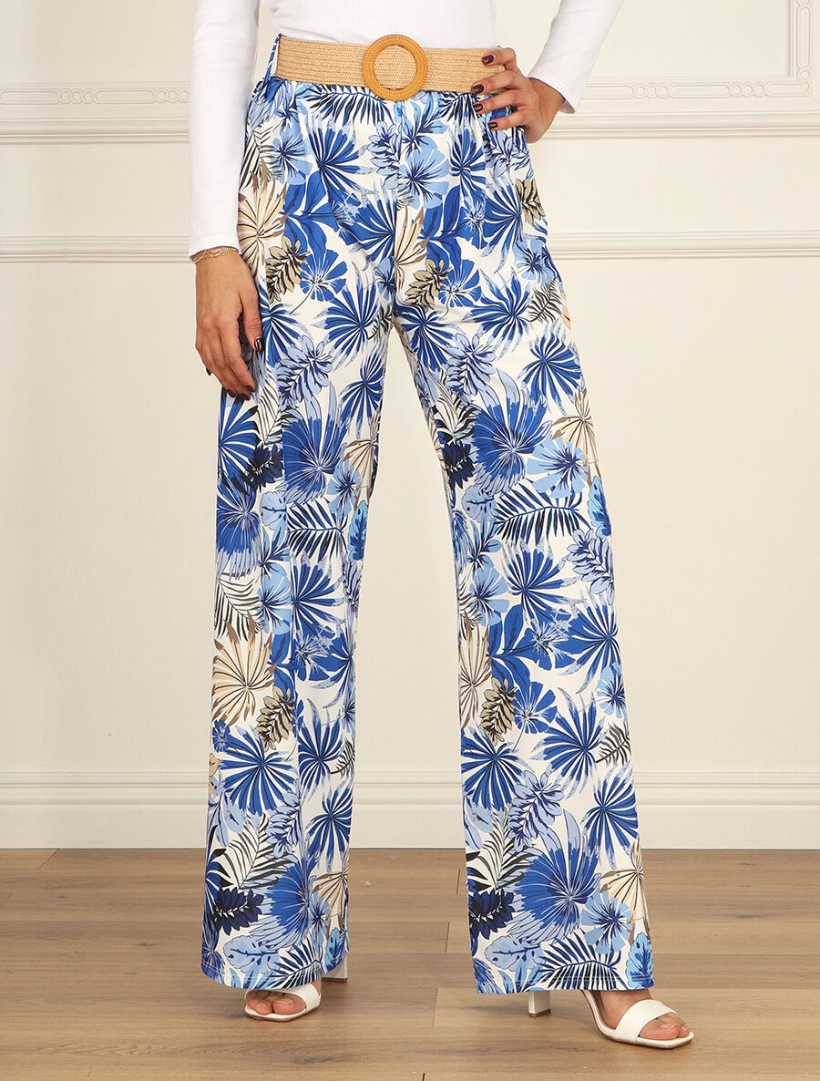 Pantalon ample élastiqué à imprimé feuillage - Bleu - 4