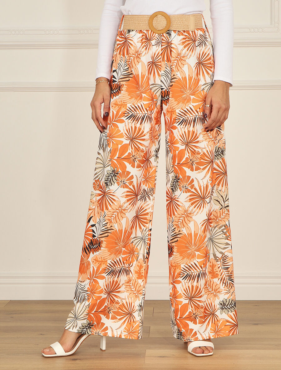 Pantalon ample élastiqué à imprimé feuillage - Orange - 4