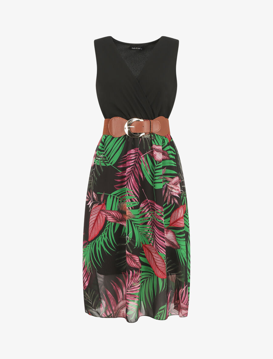 Robe bicolore imprimé feuilles - Noir - 4