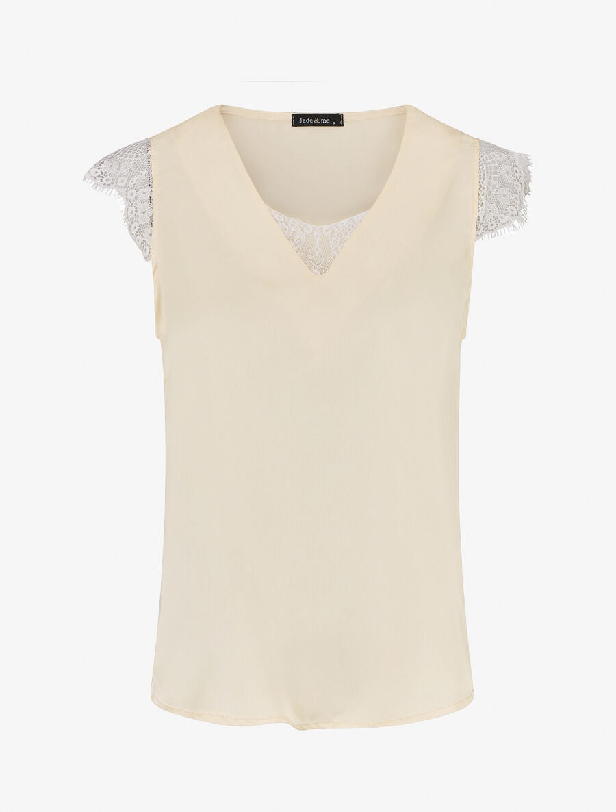Top à col V en dentelle - Beige - 1