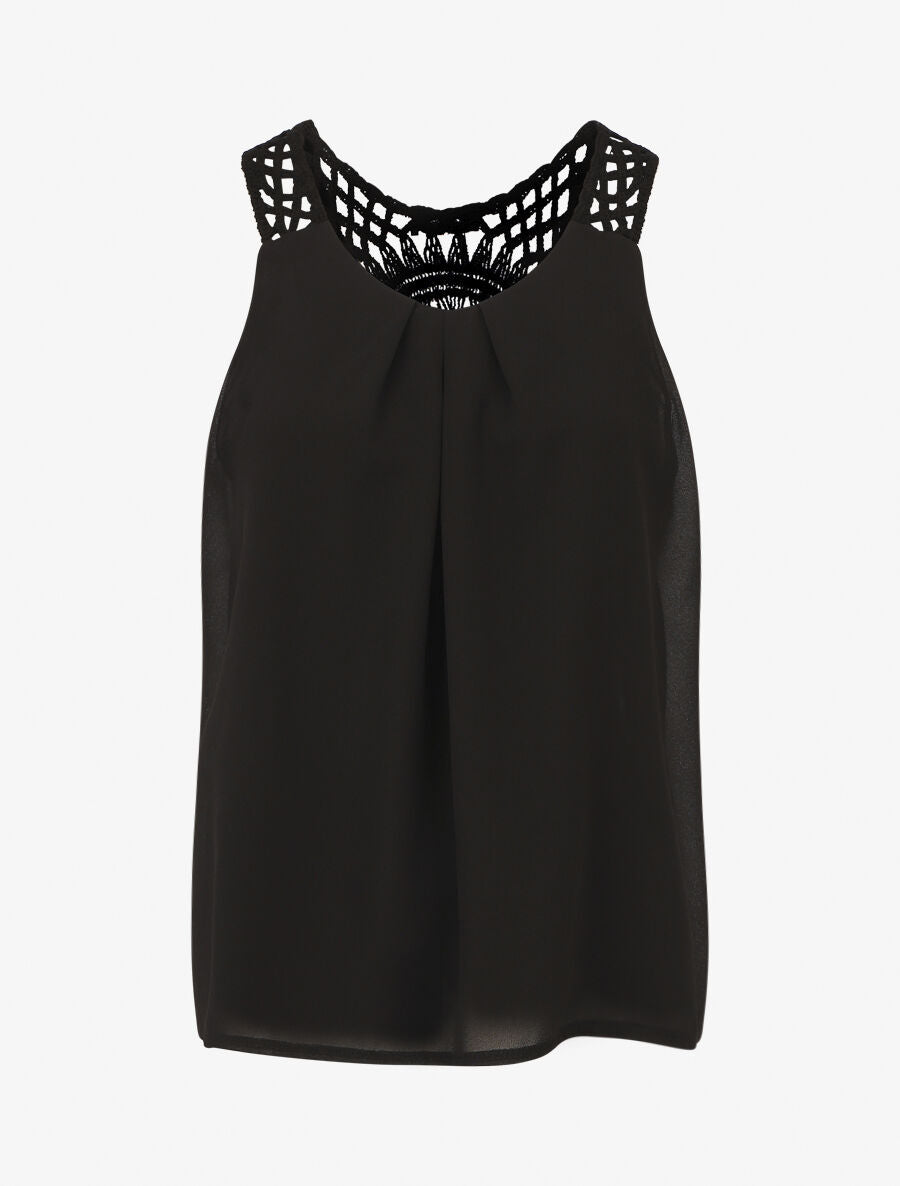 Top uni sans manches dos en crochet - Noir - 1