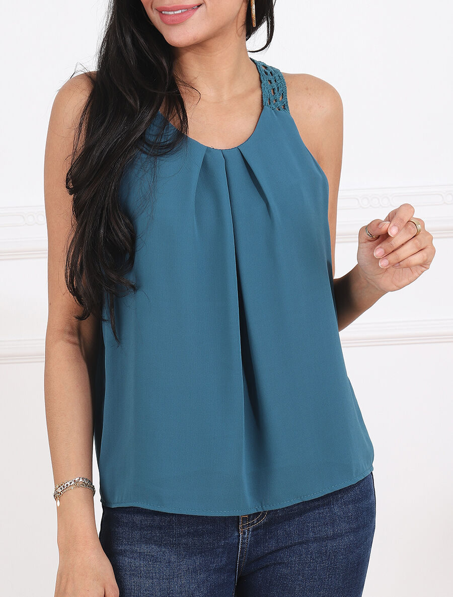 Top uni sans manches dos en crochet - Bleu canard - 4