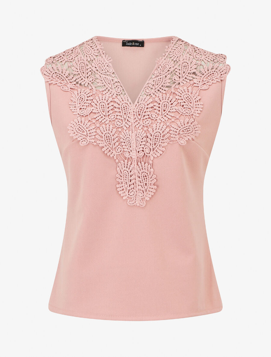 Top uni sans manches col en crochet - Rose poudré - 1