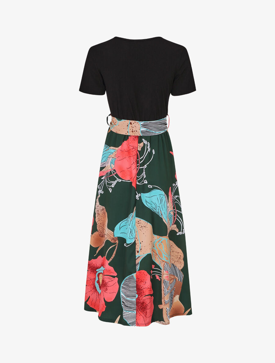 Robe longue manches courtes imprimé grandes fleurs - Vert foncé - 2