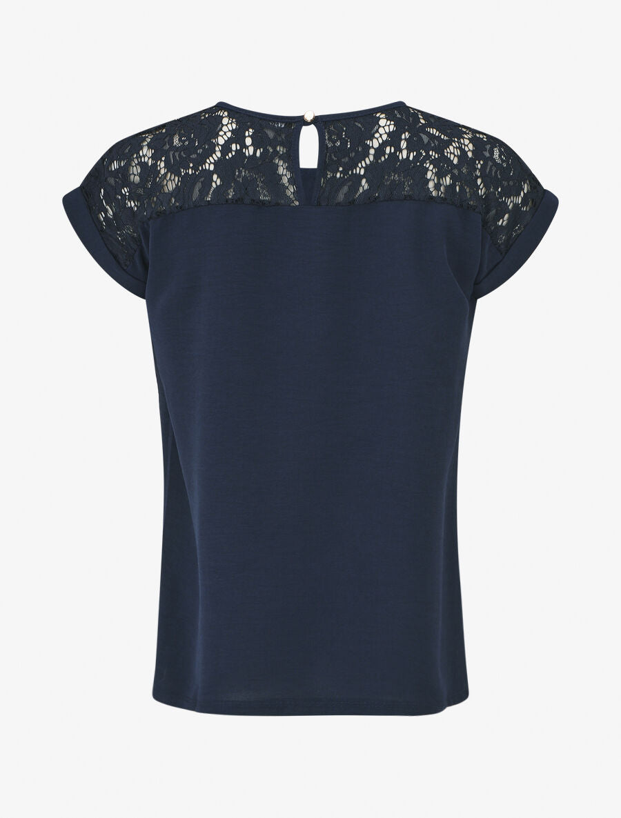 Top manches courtes uni dos en dentelle - Marine - 2