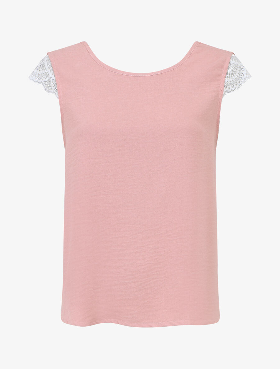 Top avec mancherons uni dos en dentelle - Rose poudré - 5