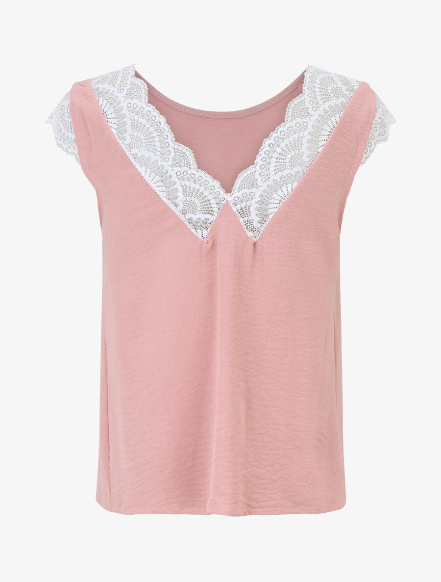 Top avec mancherons uni dos en dentelle - Rose poudré - 2