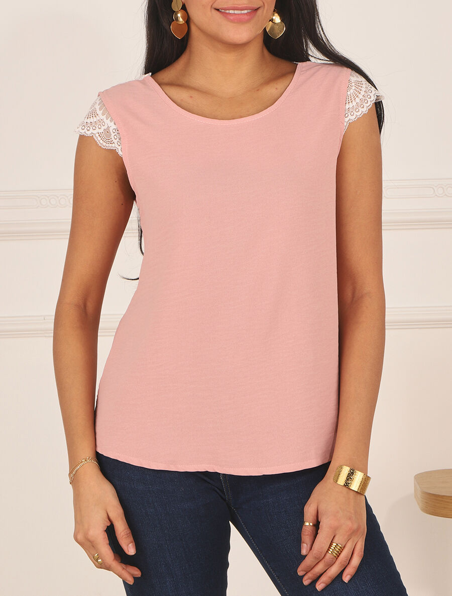 Top avec mancherons uni dos en dentelle - Rose poudré - 4