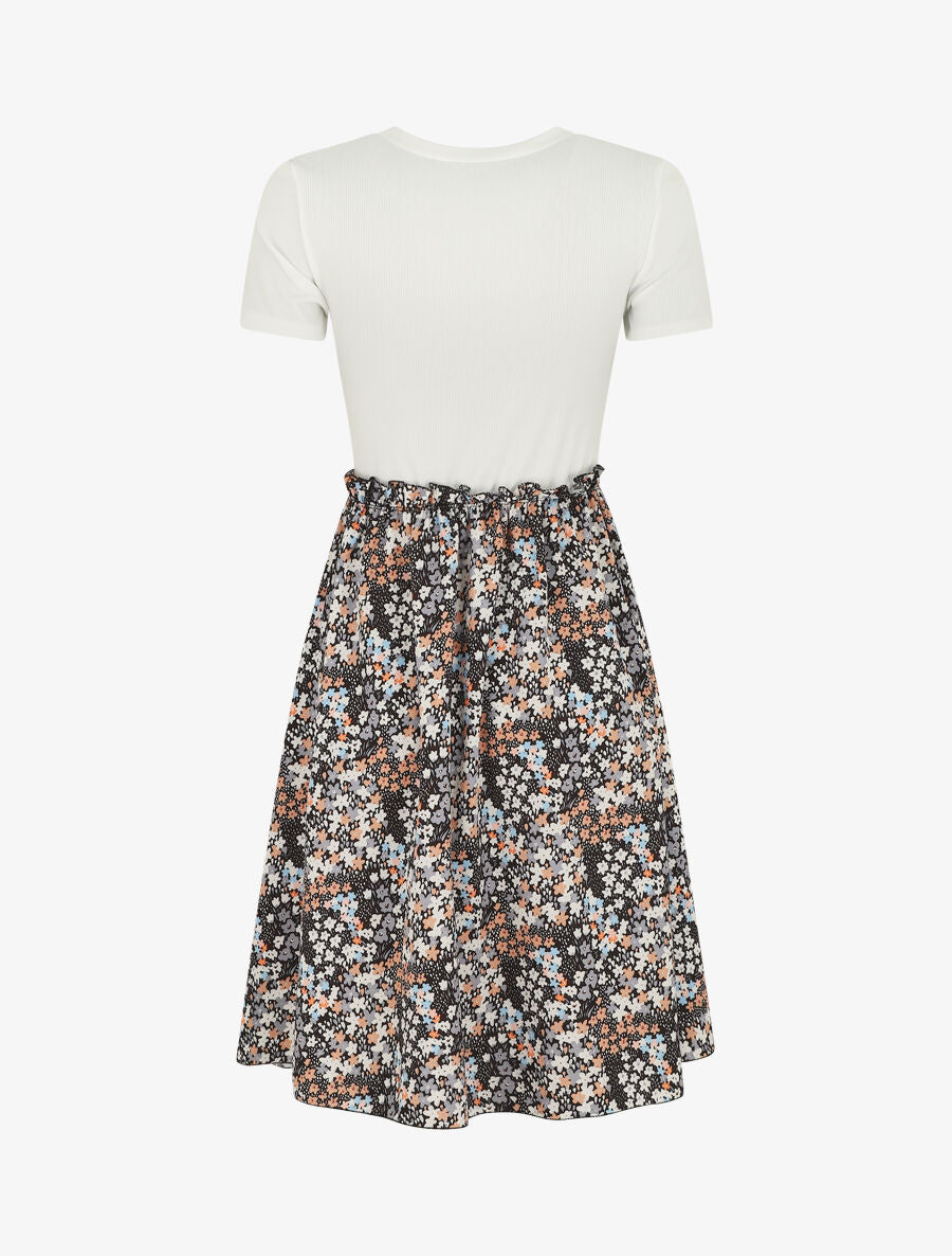 Robe bi-matière manches courtes imprimé fleuri - Noir/blanc - 2