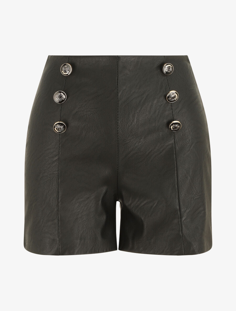 Short en simili taille haute boutonnée - Noir - 5