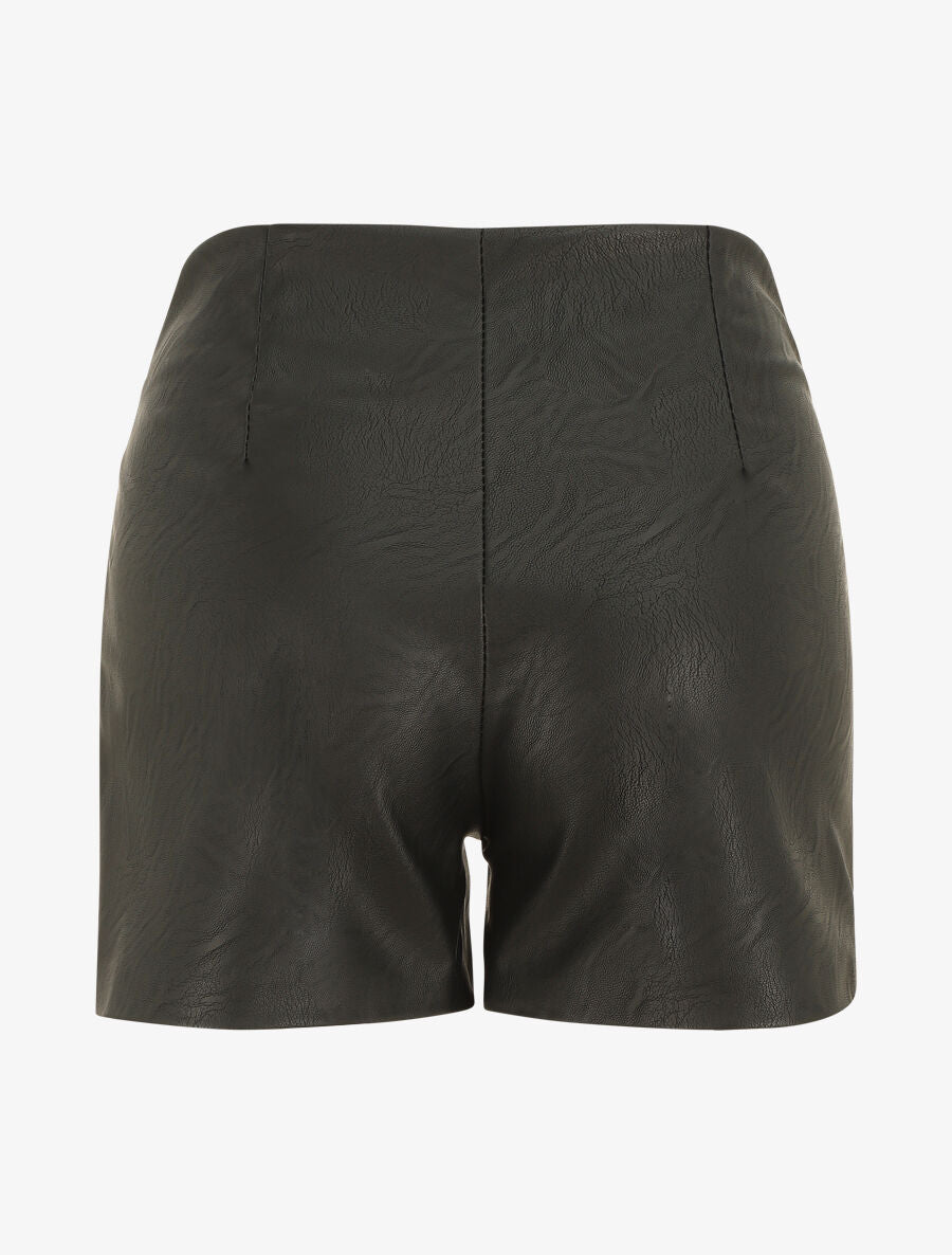 Short en simili taille haute boutonnée - Noir - 2