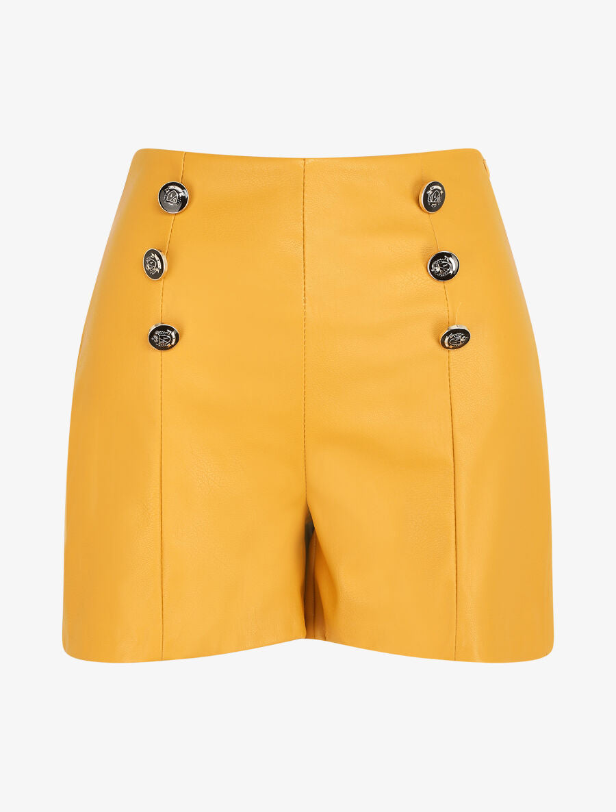 Short en simili taille haute boutonnée - Moutarde - 1