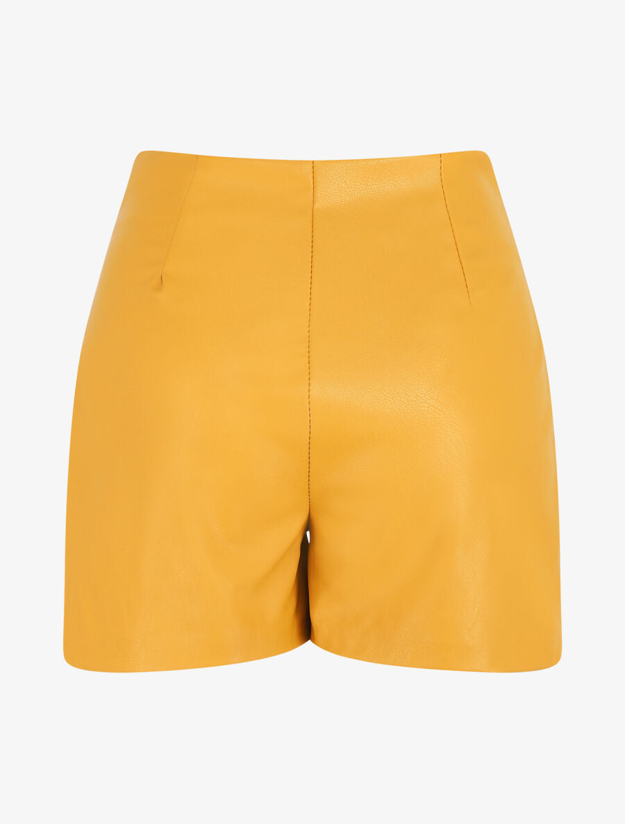 Short en simili taille haute boutonnée - Moutarde - 2