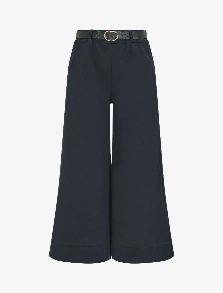Pantalon large uni taille haute - Marine - 1