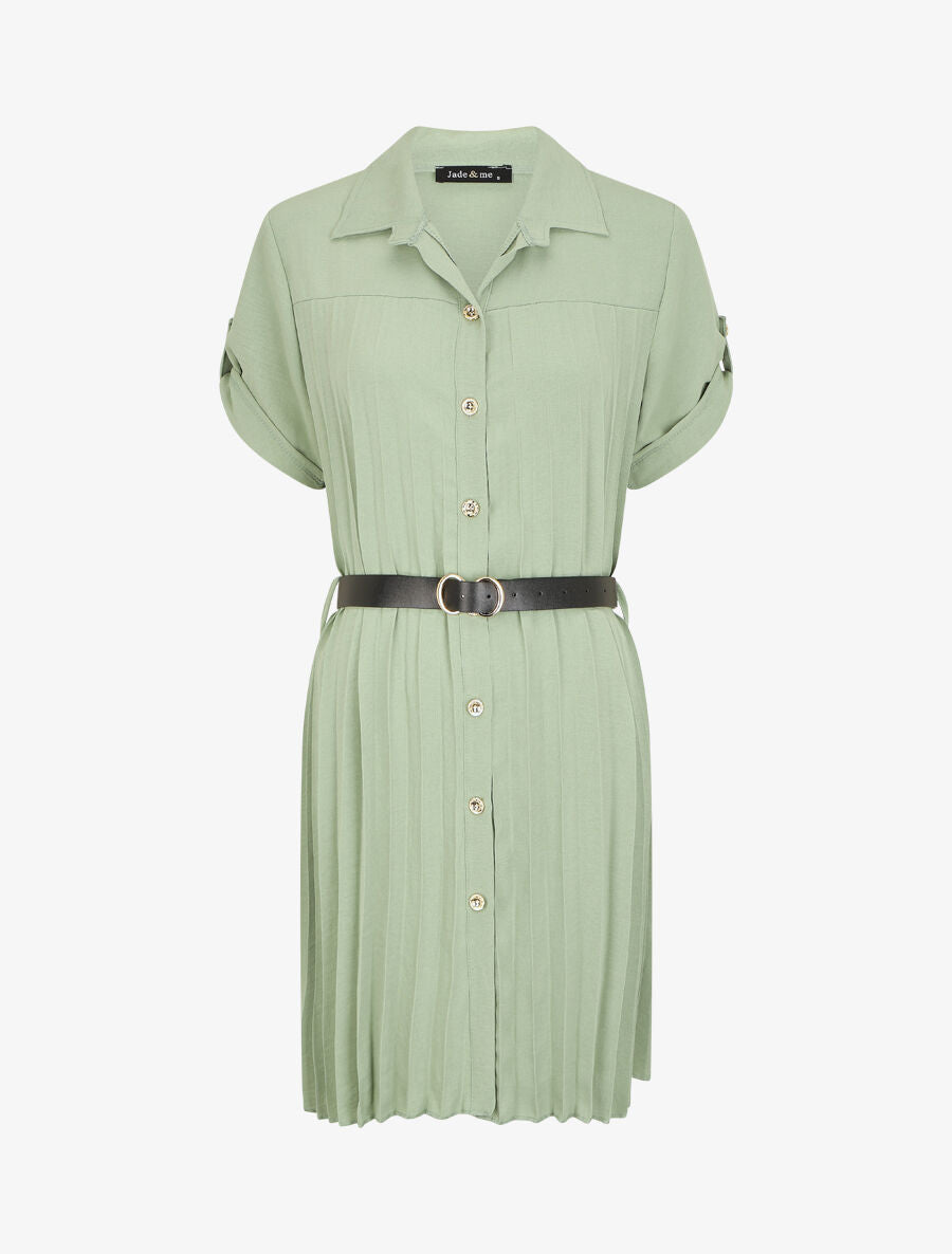 Robe chemise effet plissé à manches 3/4 - Kaki - 1