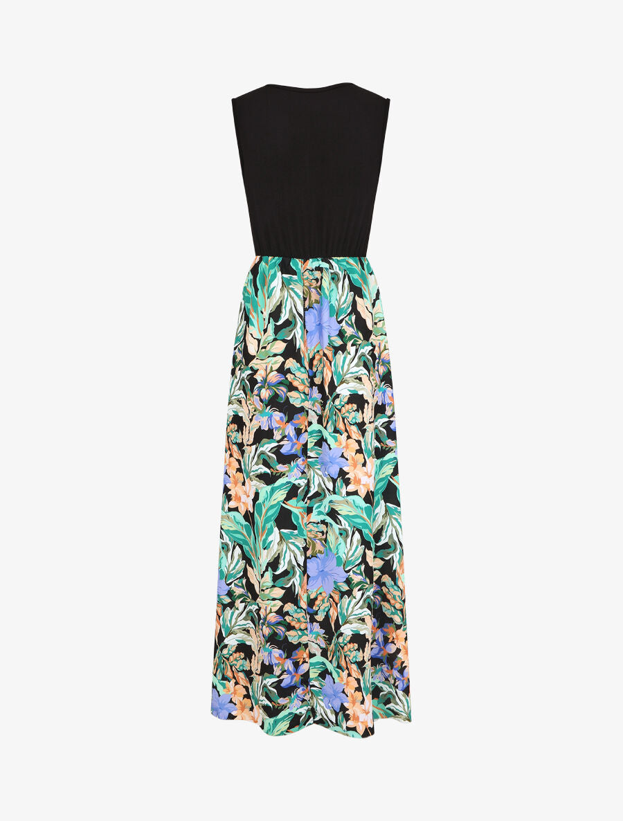 Robe longue fleurie et évasée sans manches - Noir - 2