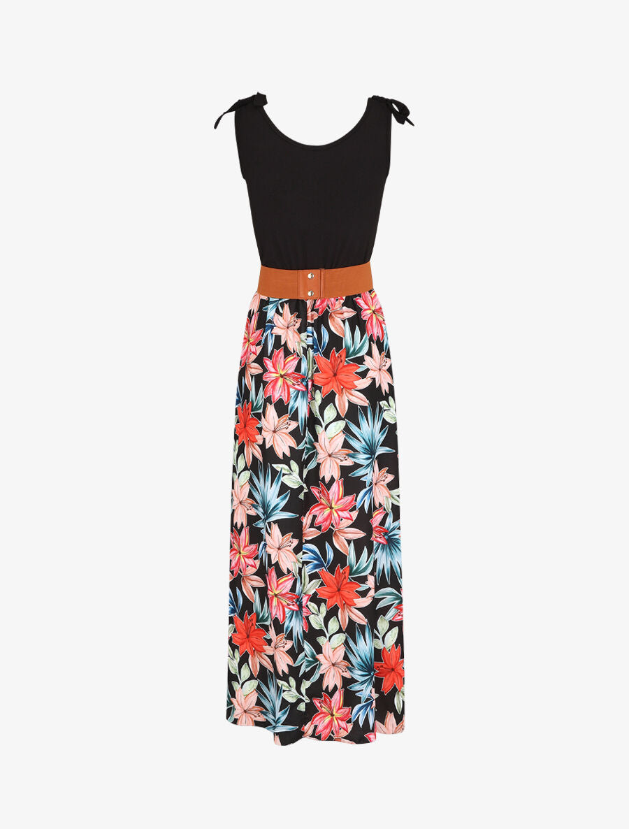 Robe longue évasée sans manches imprimé fleurs de lys - Noir - 2