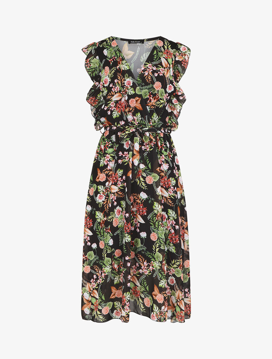 Robe en voile élastiquée à imprimé fleurs - Noir - 1