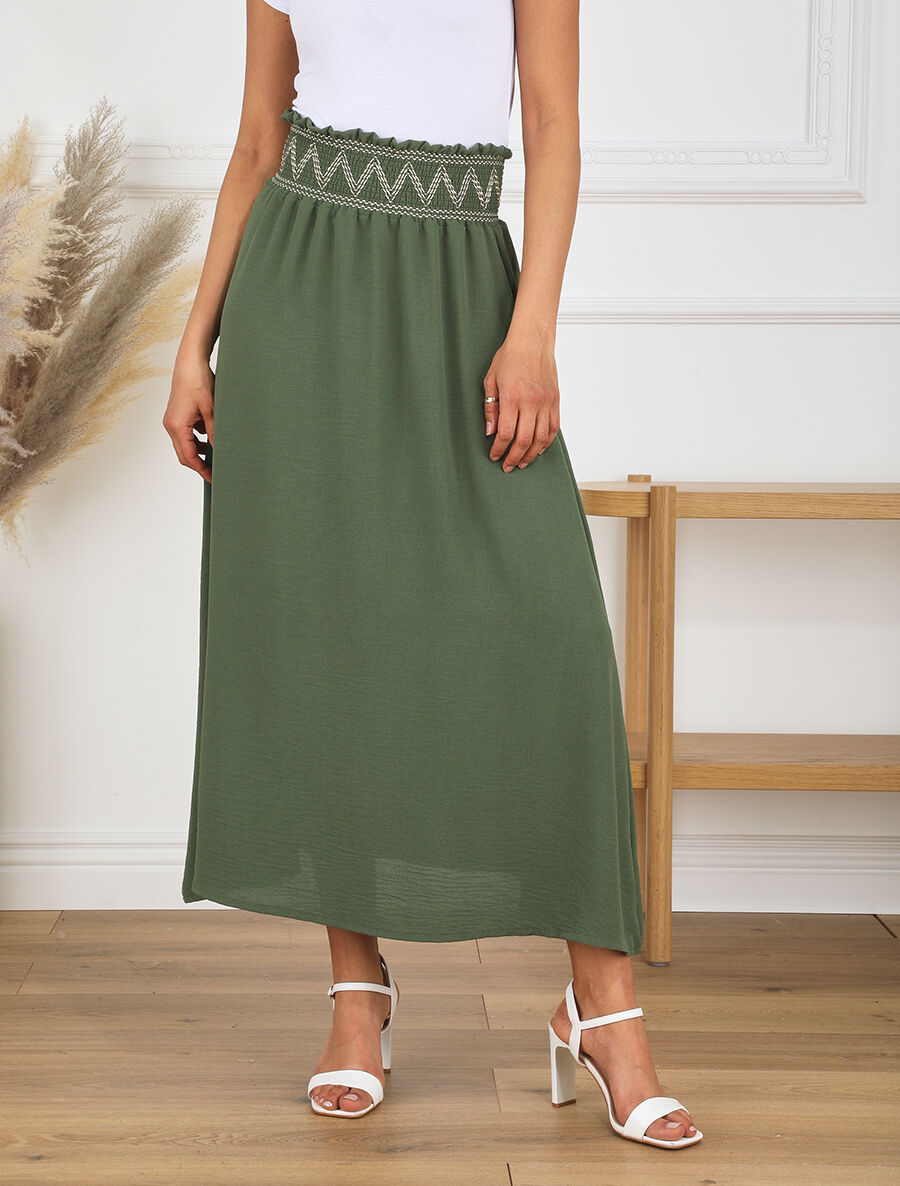 Jupe longue à taille élastiquée - Kaki - 4
