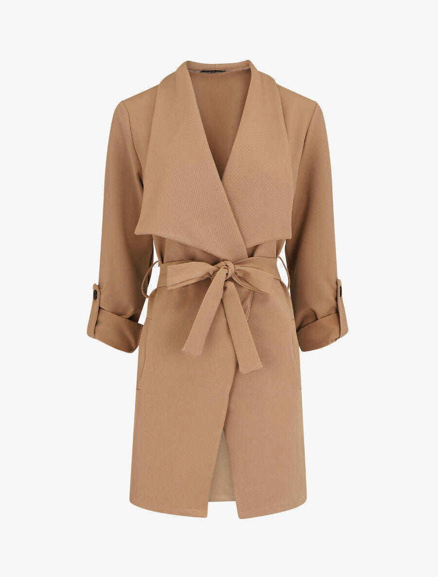Veste mi-longue col cascade - Taupe - 1