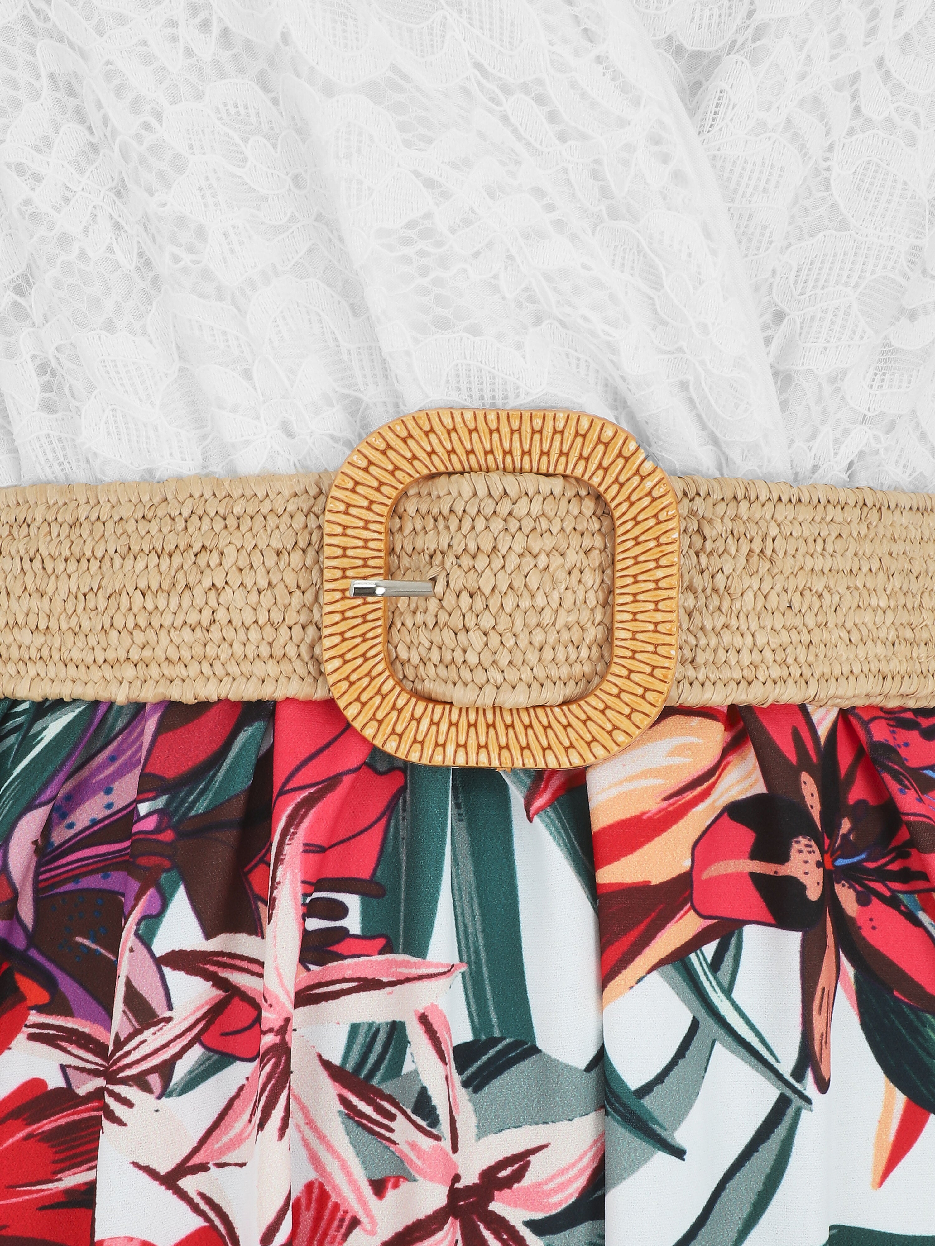 Robe longue bicolore imprimé fleurs tropicales - Blanc - 3