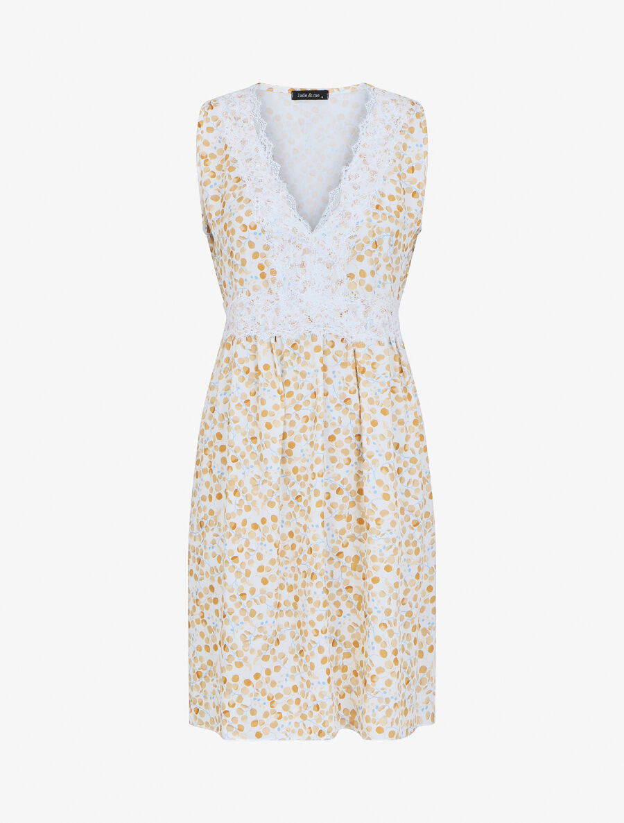 Robe mi-longue sans manches motif feuilles - Beige - 5