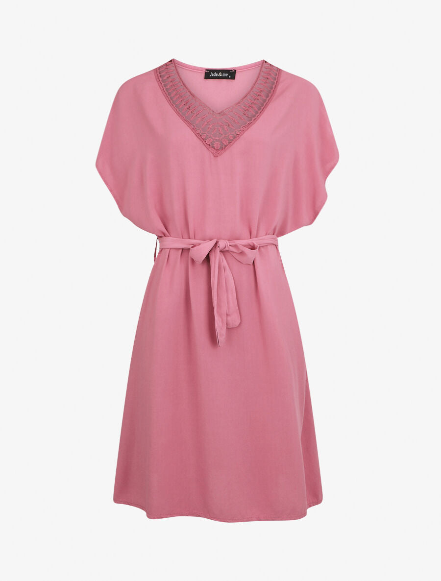 Robe droite unie ceinturée - Vieux rose - 1