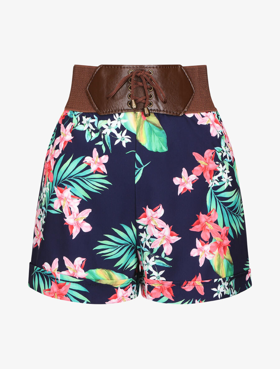 Short à taille haute style corset imprimé fleurs - Marine - 1
