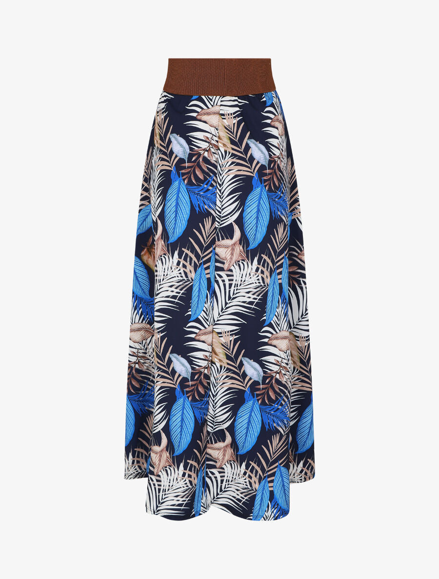 Jupe longue taille haute imprimé feuilles tropicales - Marine - 2