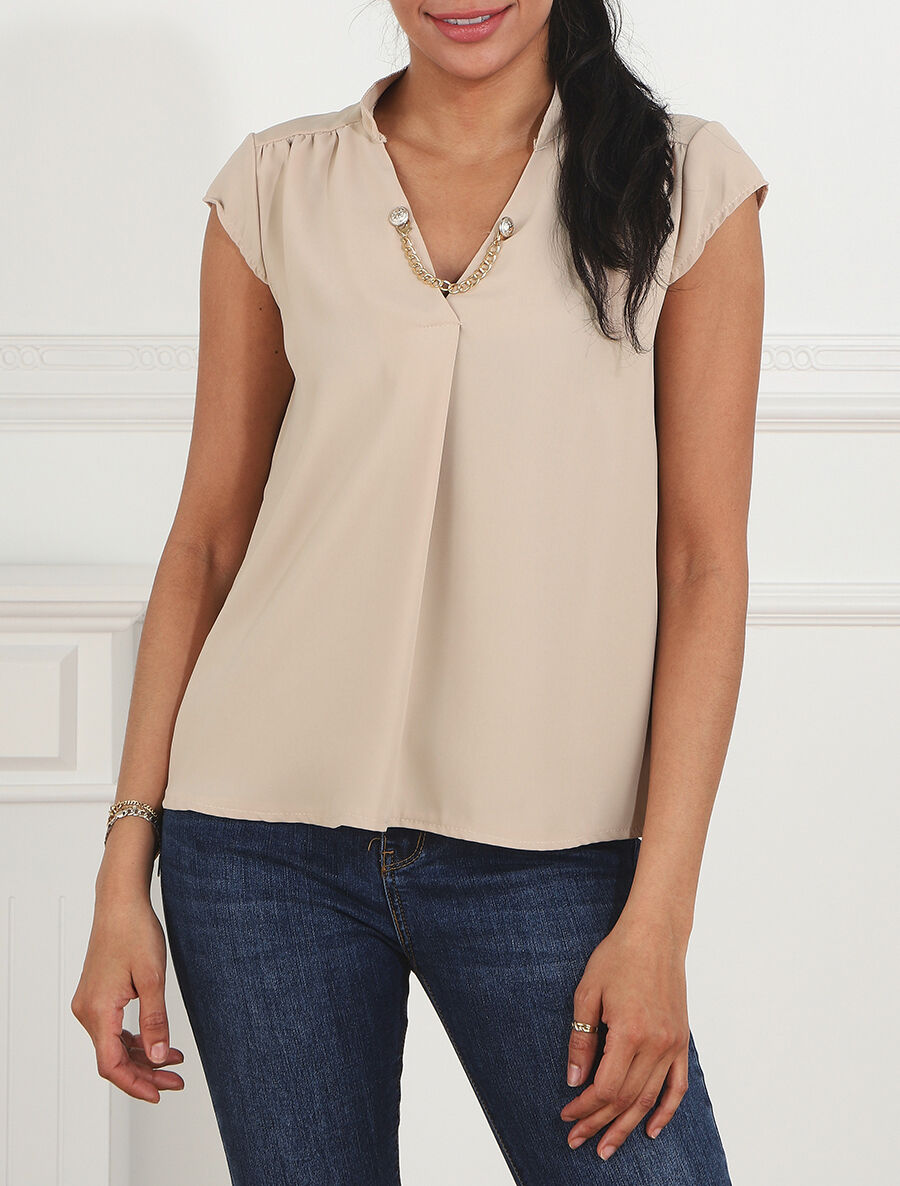 Top uni sans manches à chaîne - Beige - 4