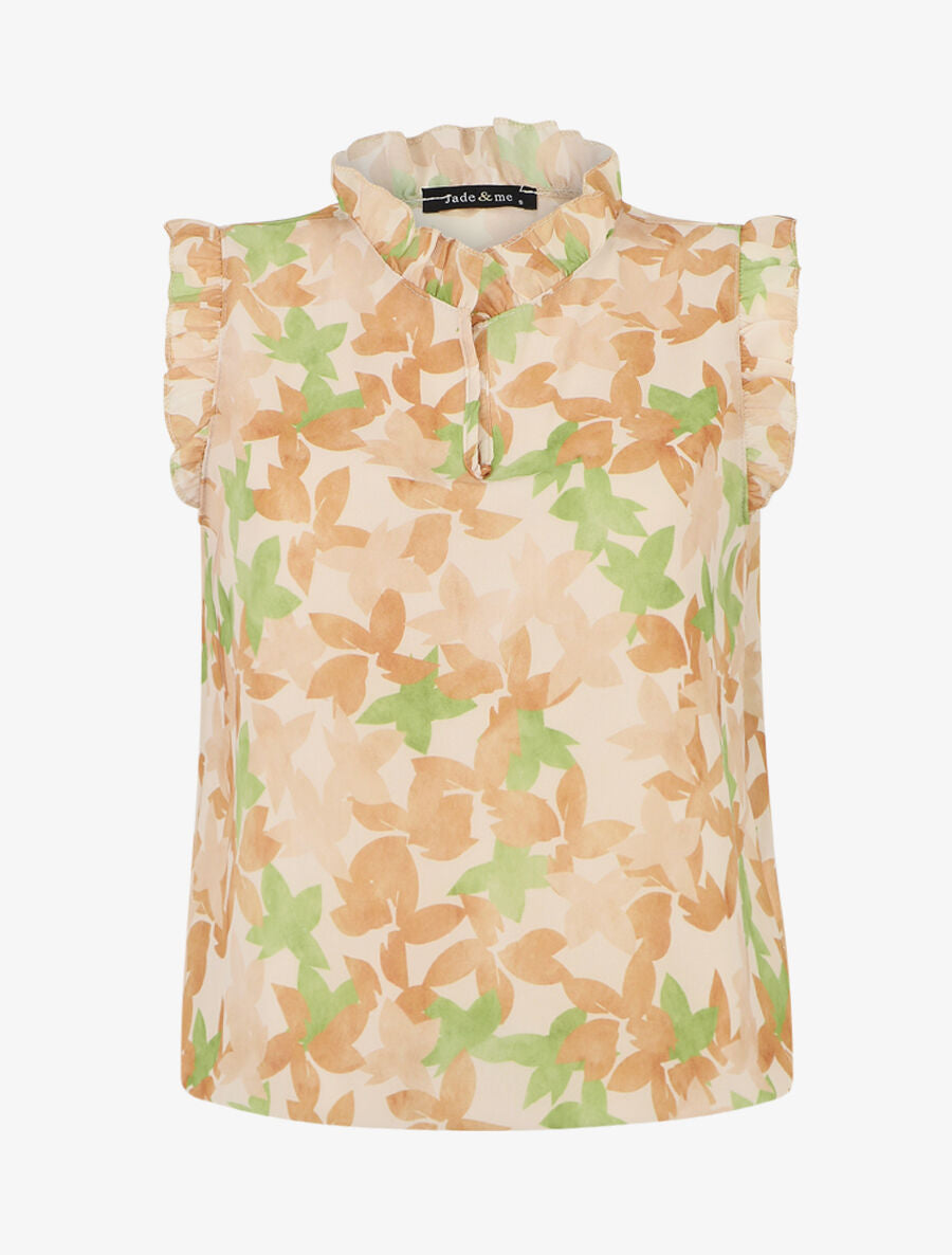 Top imprimé feuilles sans manches à volants - Beige - 1